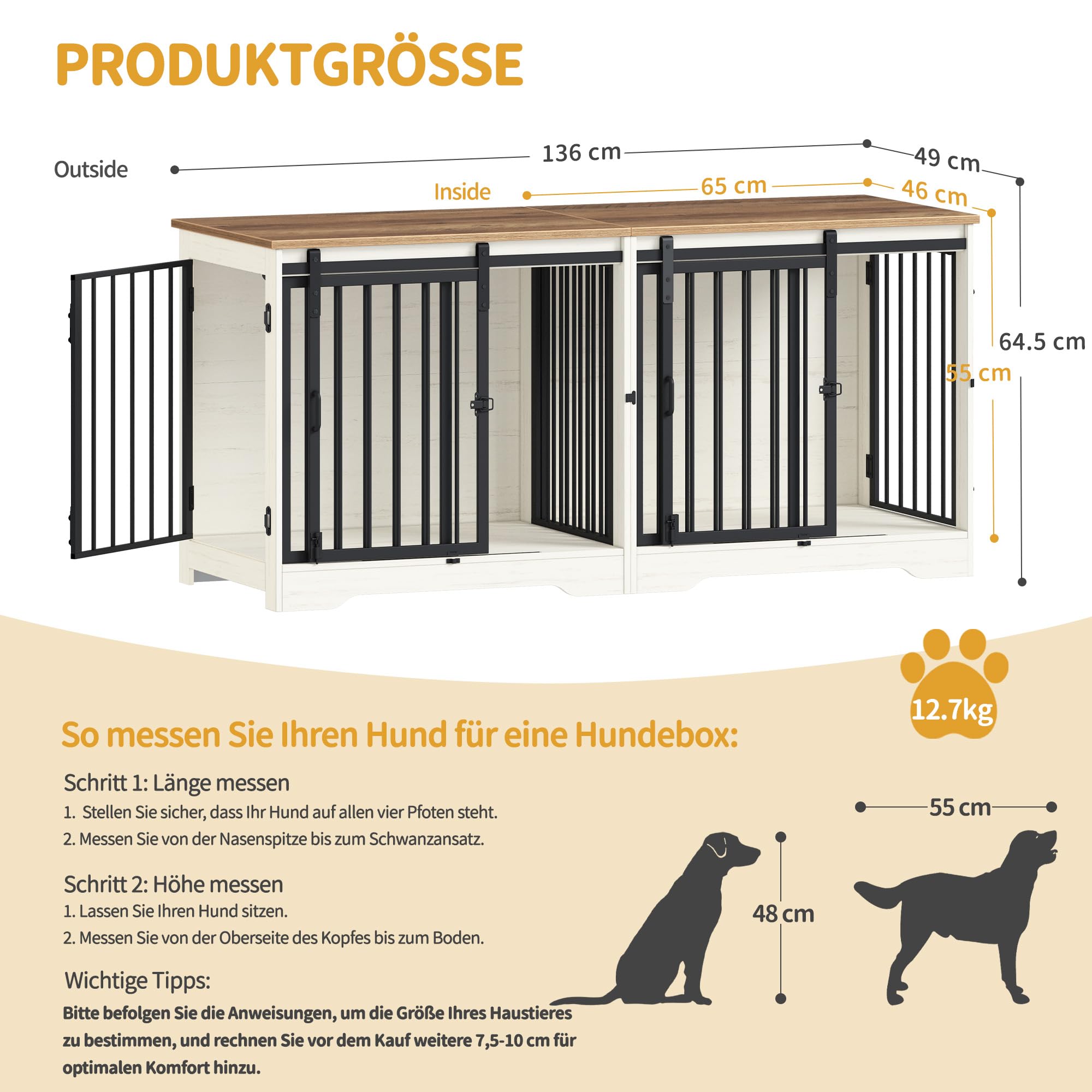 Hzuaneri Hundekäfig Möbel für 2 Hunde, Doppel-Hundekäfig mit Trennwand, Robuste Hundebox aus Holz, Hundekäfige mit Scheunentür, TV-Ständer-Design für Kleine bis Mittelgroße Hunde, Weiß Braun DFC88314B