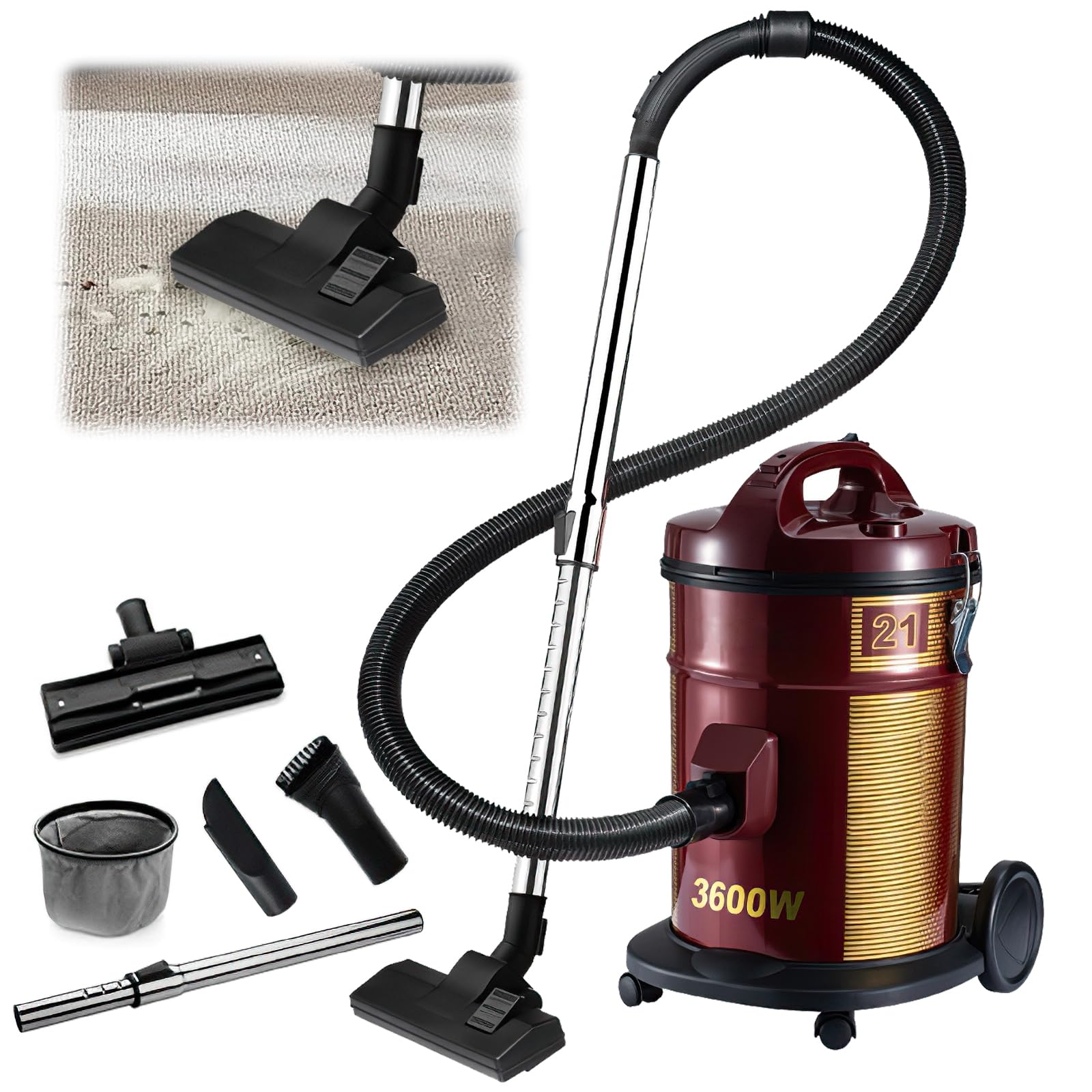 Aspirapolvere senza sacchetto, 21 l, potente aspirapolvere 3600 W, sistema a doppio motore, sistema di filtraggio triplo, manico leggero e regolabile, manico rimovibile, ideale per la pulizia di