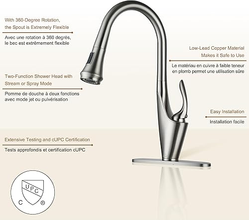 Miniatura 6 de CASAINC Grifo de cocina, moderno grifo de cocina con rociador extraíble, fregadero de cocina que ofrece una limpieza eficiente para cocina,