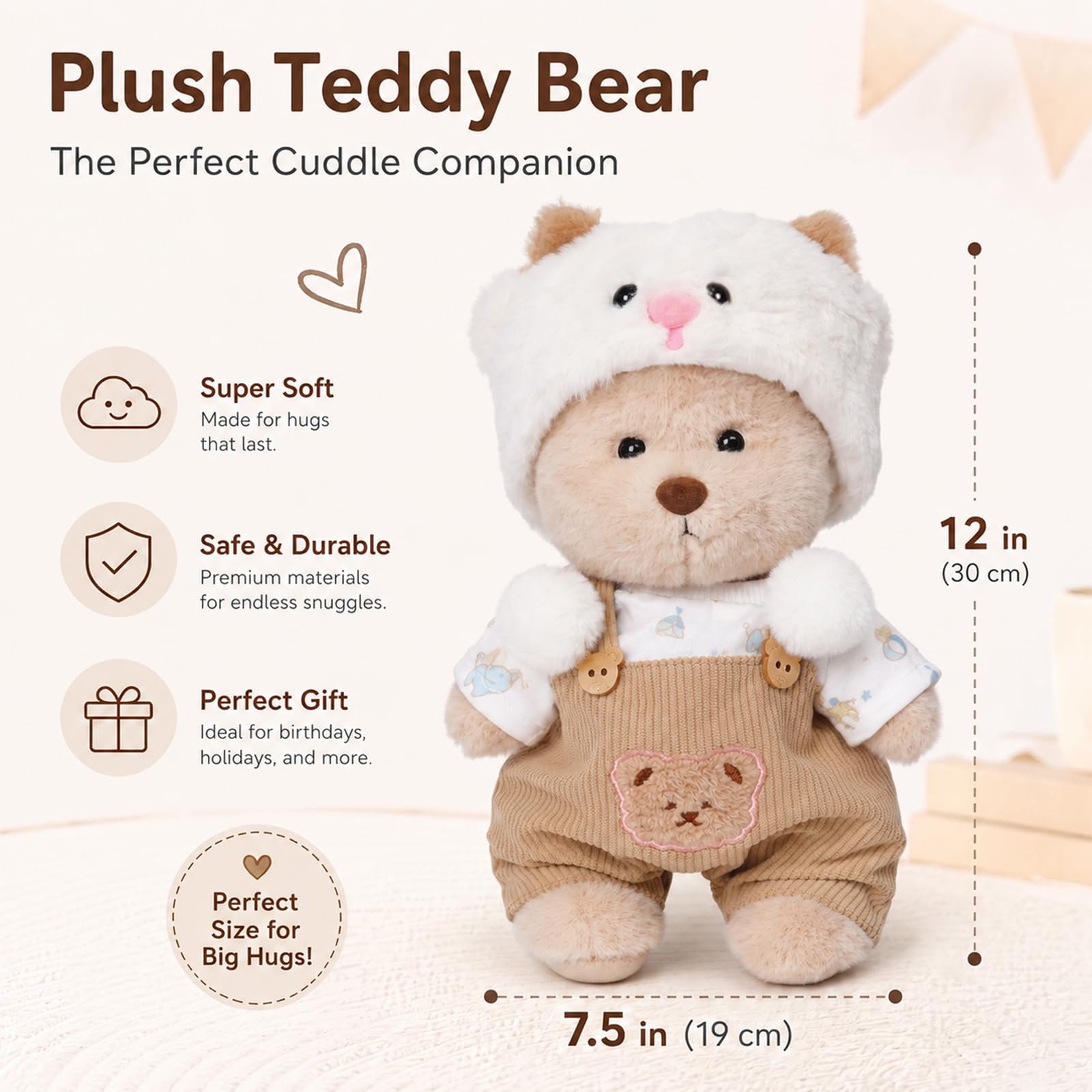 Teddy Angels Orsacchiotto di peluche da 30 cm, con un capo di abbigliamento, regalo per bambini, ragazze, donne, compleanno, (vestito di agnello marrone)