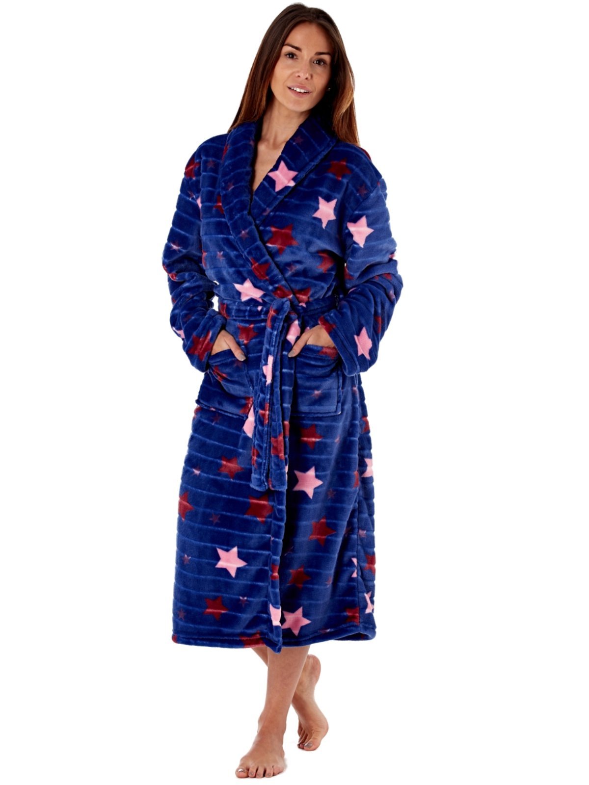 Women’s Jacquard Stripe Shawl Collar Robe With, Patch Pockets, Self-Fabric Belt.