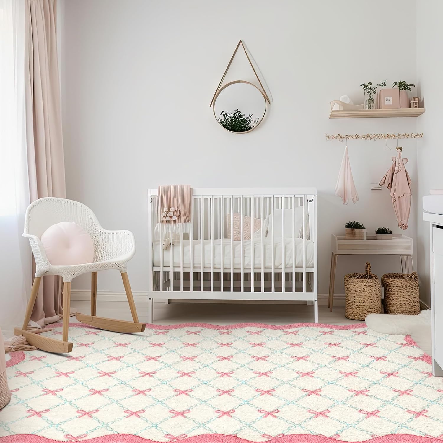 Rug Boho Area Rugs 4'x6' Cute Sweet Scalloped Throw Rugs Aesthetic Soft Bedroom Carpet for Living Room Dining Playroom Nursery Family Indoor Dorm(Pink Bow)