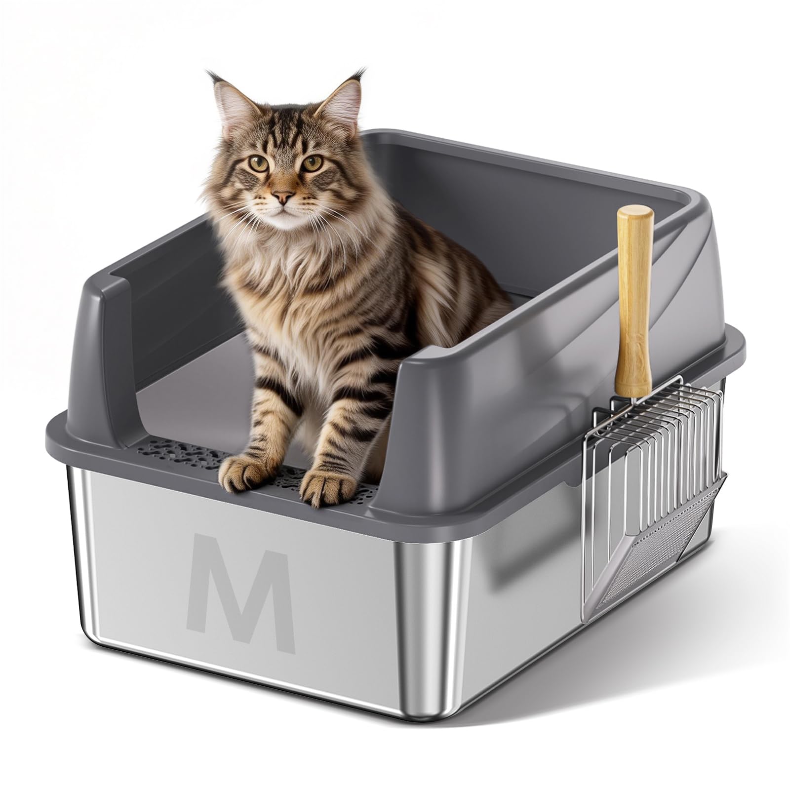 Stainless Steel Litter Box with Lid: Metal Cat Litter Box for Small Cats with Scoop, High Sided Kitty Litter Pan Tray, 17.4'' x 13.5'' x 8.5'', Non-Stick, Anti-Leakage, Easy Cleaning (Dark Gray)