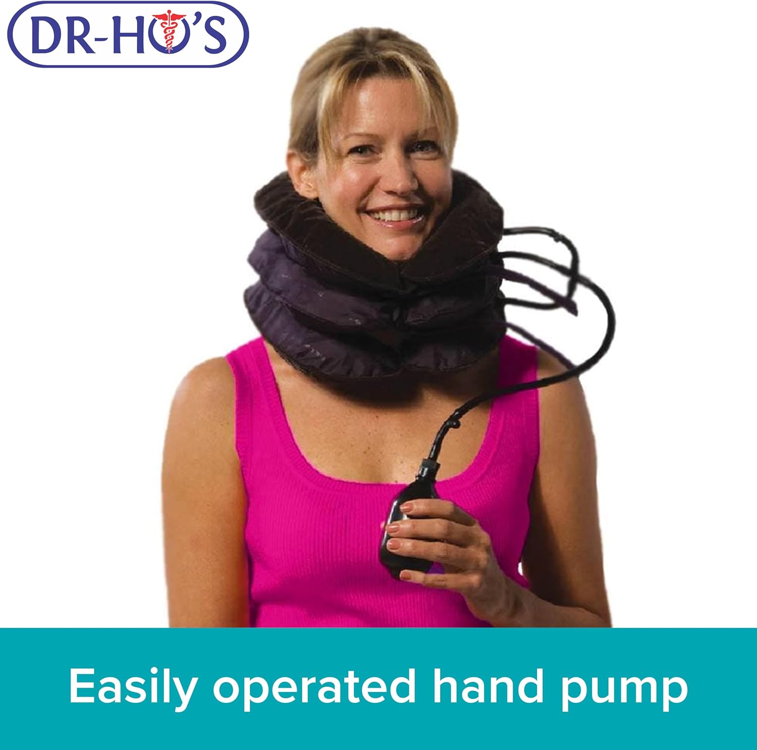 Woman demonstrating the hand pump for Dr-Ho's Neck Comforter