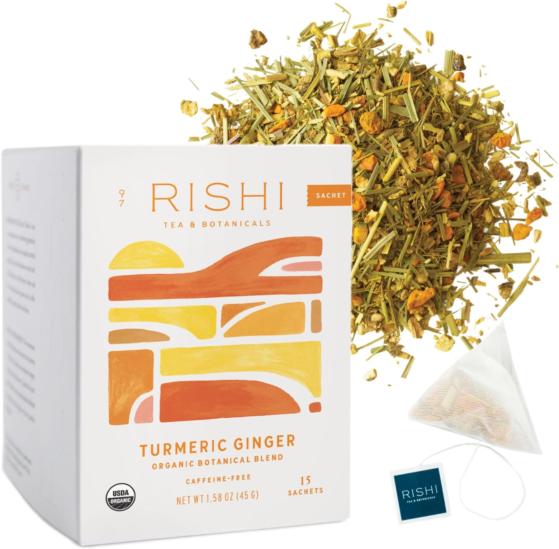 Rishi Tea Turmeric Ginger Organic Sachet Tea Bags, Caffeine Free, 15ct | Spicy Ginger and Citrus Herbal Tea Blend, Enjoy Hot or Iced, Sustainable, 15 Servings