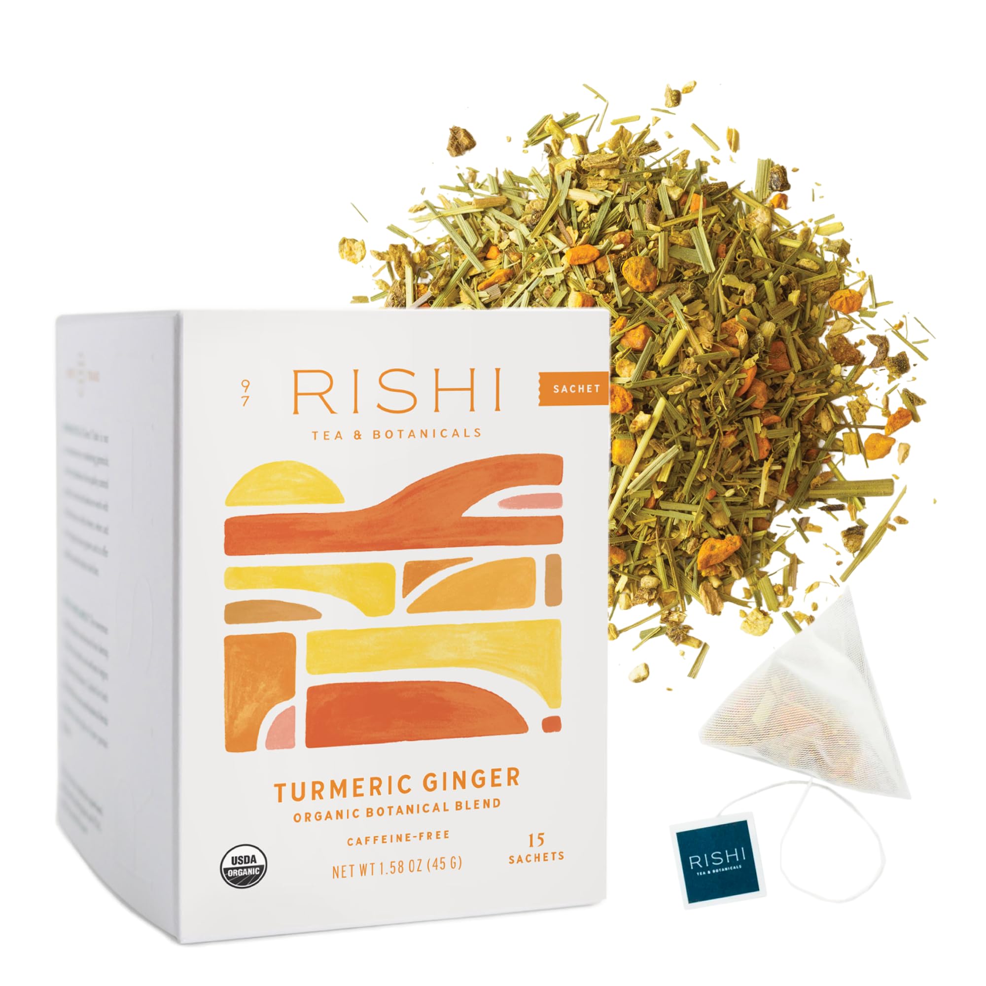 Rishi Tea Turmeric Ginger Organic Sachet Tea Bags, Caffeine Free, 15ct | Spicy Ginger and Citrus Herbal Tea Blend, Enjoy Hot or Iced, Sustainable, 15 Servings USDA Organic