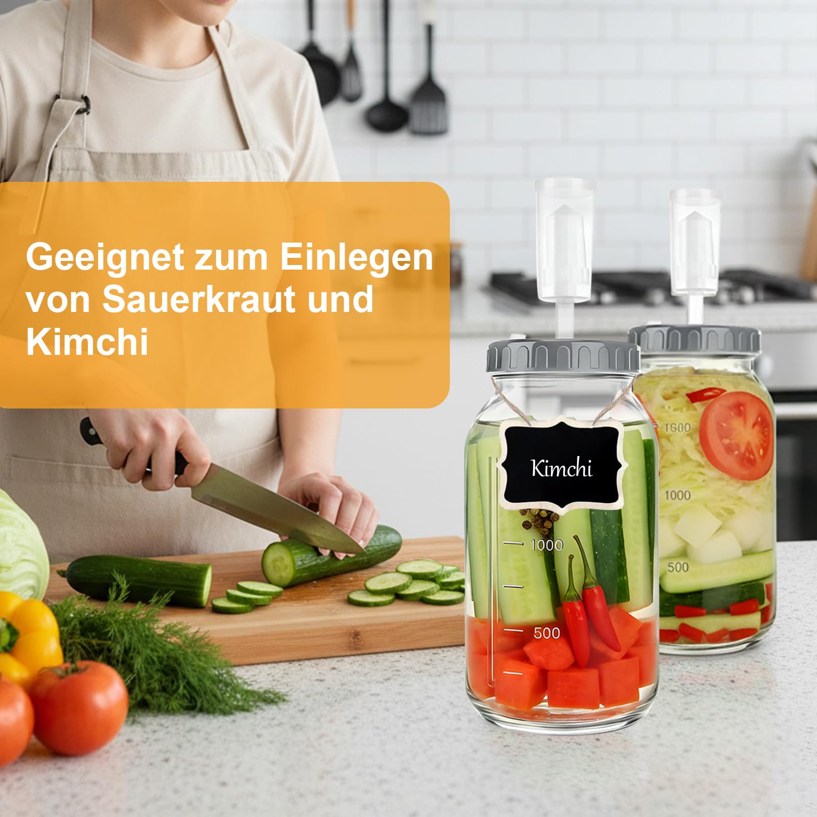 Fermentierglas 2 Stück 2L, 64oz Kimchi Behälter mit Luftschleuse und Gewicht, Breiter Mund Fermentiergläser mit Holzstößel, Kefir Glas mit Deckel, für Pickles, Sauerkraut, Sauerteig Starter