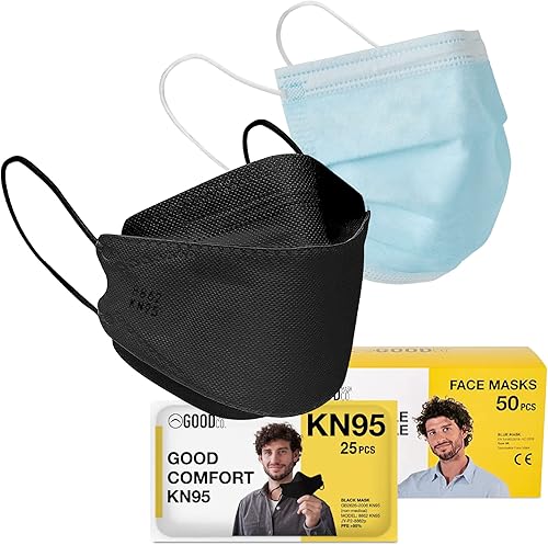 Good Mask Co. The Good Comfort KN95 - Máscara facial negra de 25 unidades y paquete de 50 mascarillas desechables azules