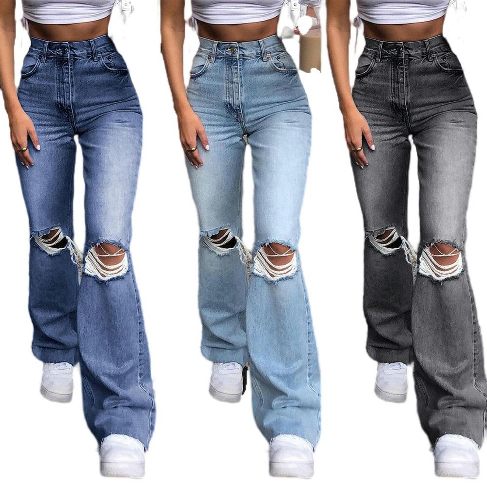 Pantaloni in Denim a Gamba Larga Jeans Bootcut Strappati - Nero e Grigio - M