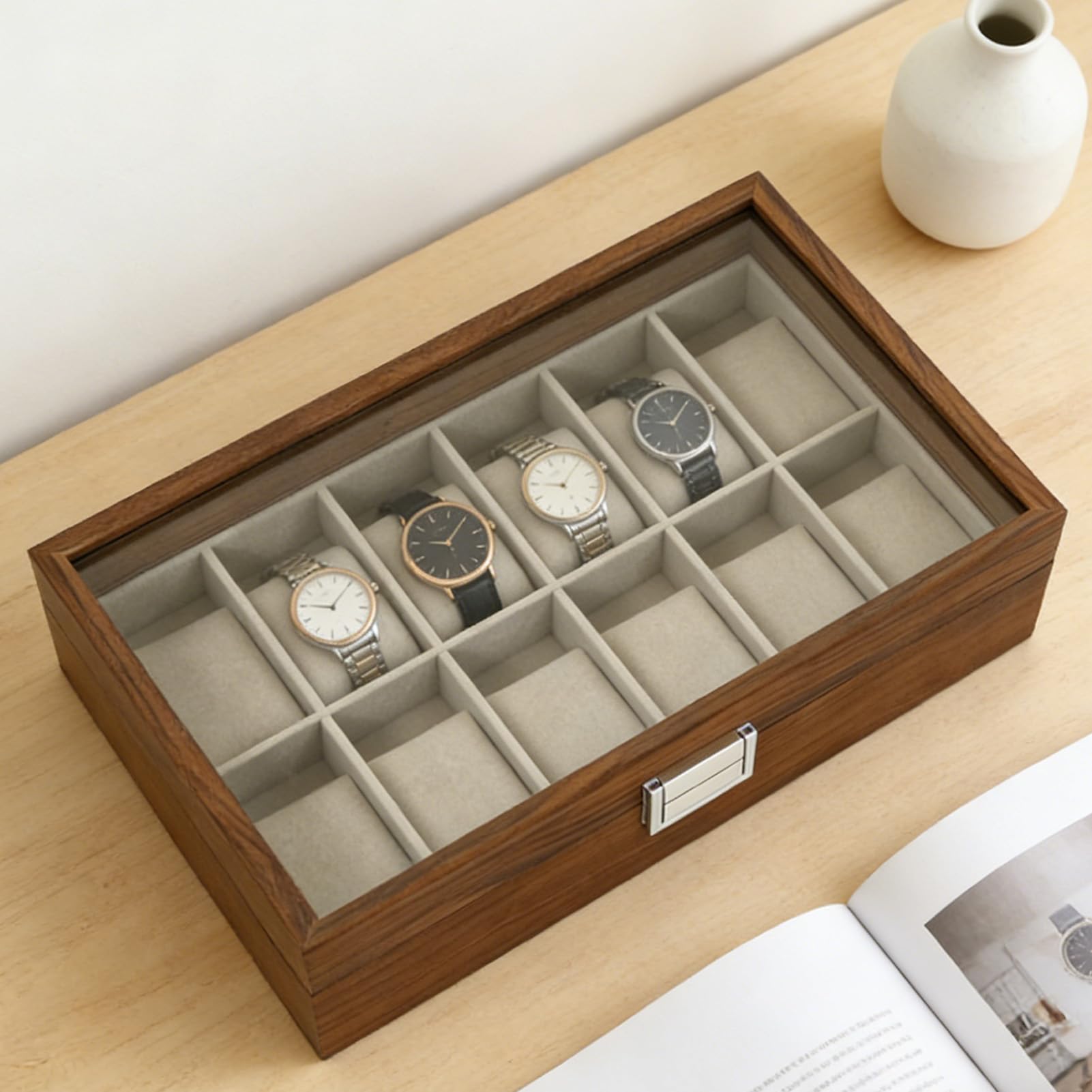Fabater Scatola per Orologi, Coperchio in Vetro a 12 Scomparti, Pannello in MDF Rivestito in Velluto, Adatta per Vetrine per Orologi Meccanici Al Quarzo, Organizer per con Cuscino Rimovibile per,