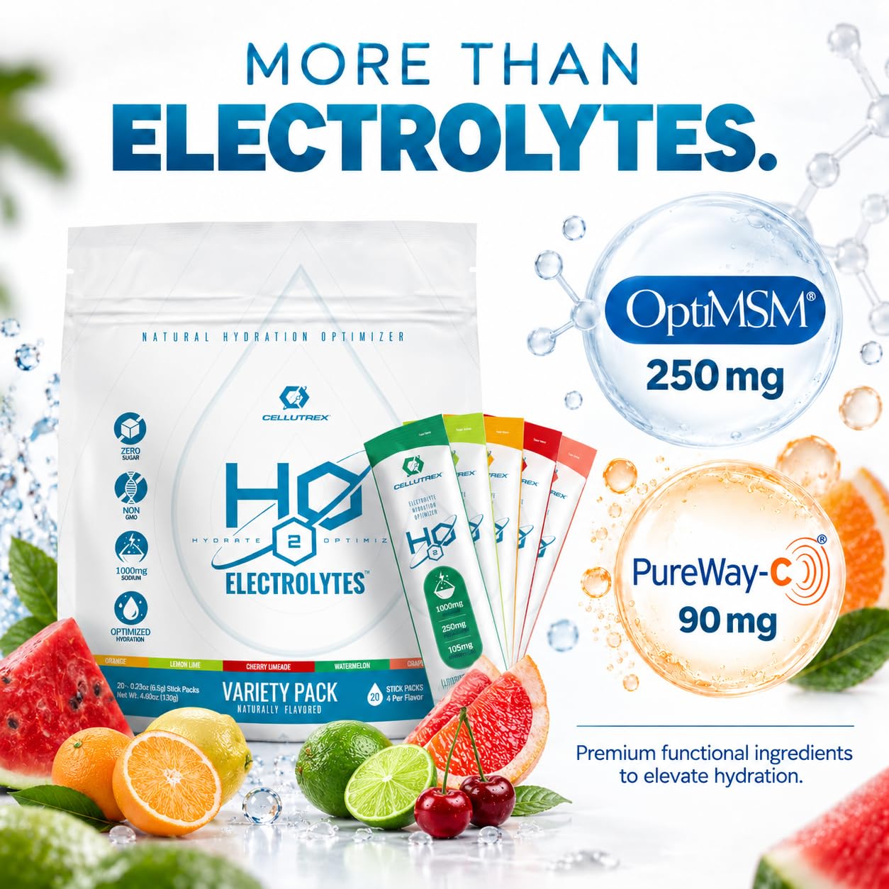 Cellutrex® H2O Electrolytes – Electrolyte Powder Drink Mix, Zero Sugar, Natural Himalayan Salt Hydration Packets for Recovery and Wellness, FSA-HSA, Variety Pack, 20 Sticks — Amazon image 5