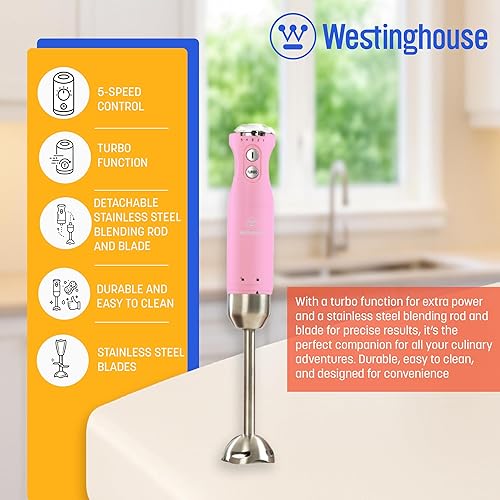 Miniatura 4 de Westinghouse Batidora de mano  Licuadora de inmersión de 5 velocidades con función turbo, hoja y varilla de acero inoxidable, 500 W de potencia,