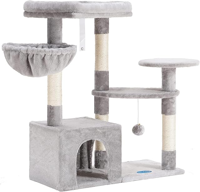 Hey-brother Cat Tree with Sisal Scratching Posts, Multi-Level Cat Tower, Cat climbing frame with large platform, basket, Light Grey MPJ001SW