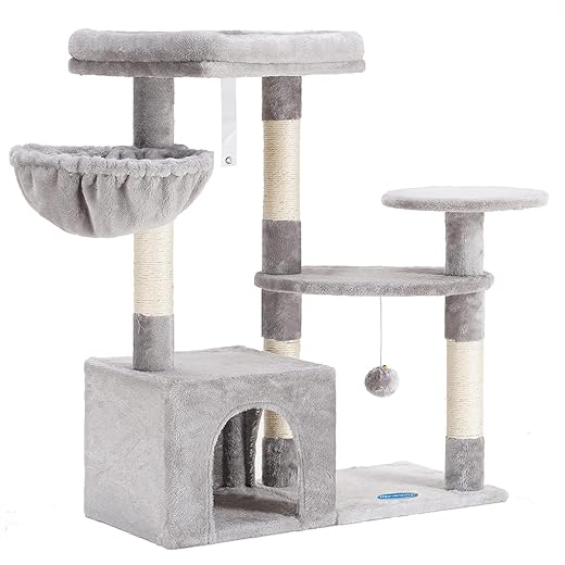 Hey-brother Cat Tree with Sisal Scratching Posts, Multi-Level Cat Tower, Cat climbing frame with large platform, basket, Light Grey MPJ001SW