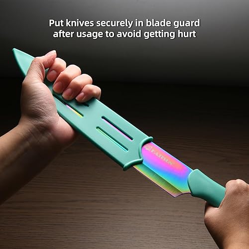 Miniatura 6 de KATISUN Juego de cuchillos de cocina con protectores, juego de cuchillos de acero inoxidable con revestimiento de titanio arcoíris de 13 piezas,