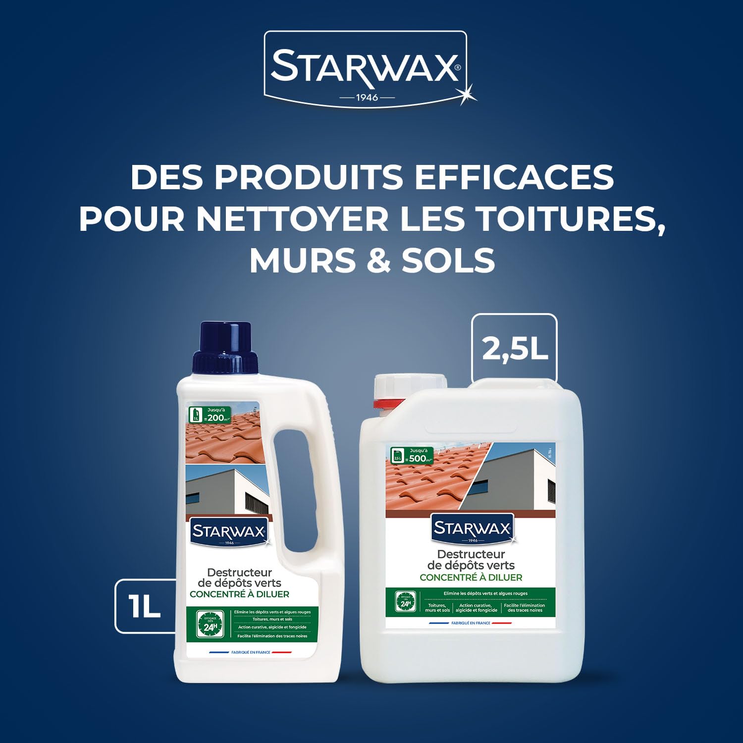 STARWAX - Destructeur de Dépôts Verts Concentré à Diluer - Elimine en Profondeur les Dépôts Verts, Lichens et Algues -Toitures, Murs et Sols - Sans Rinçage -Efficace dès 24h - Fabriqué en France - 1l