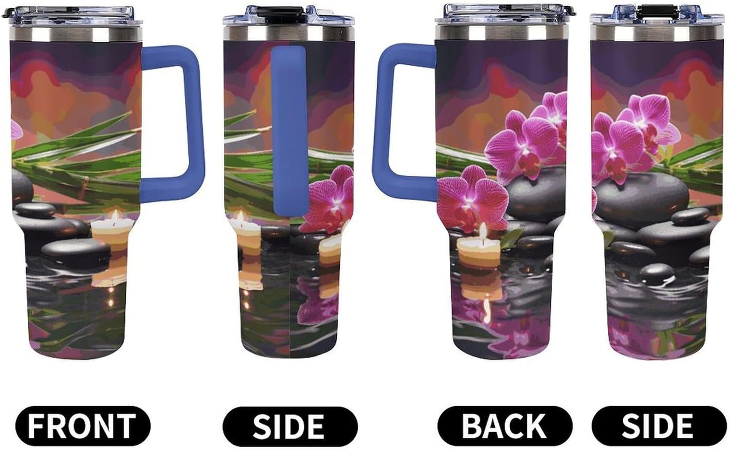 40 Oz Insulated Mug with Handle, Stainless Steel Flowers in Fountain Massage Stones And Bamboo Printed Travel Mug Portable Leak-proof Large Car Mug for Home, Office Or Car