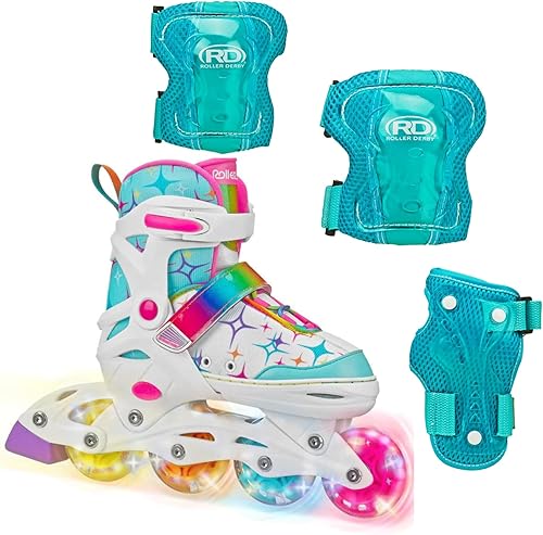 Roller Derby Stryde - Patines de ruedas ajustables en línea iluminados con equipo de protección, tamaño ajustable, paquete de tres unidades de