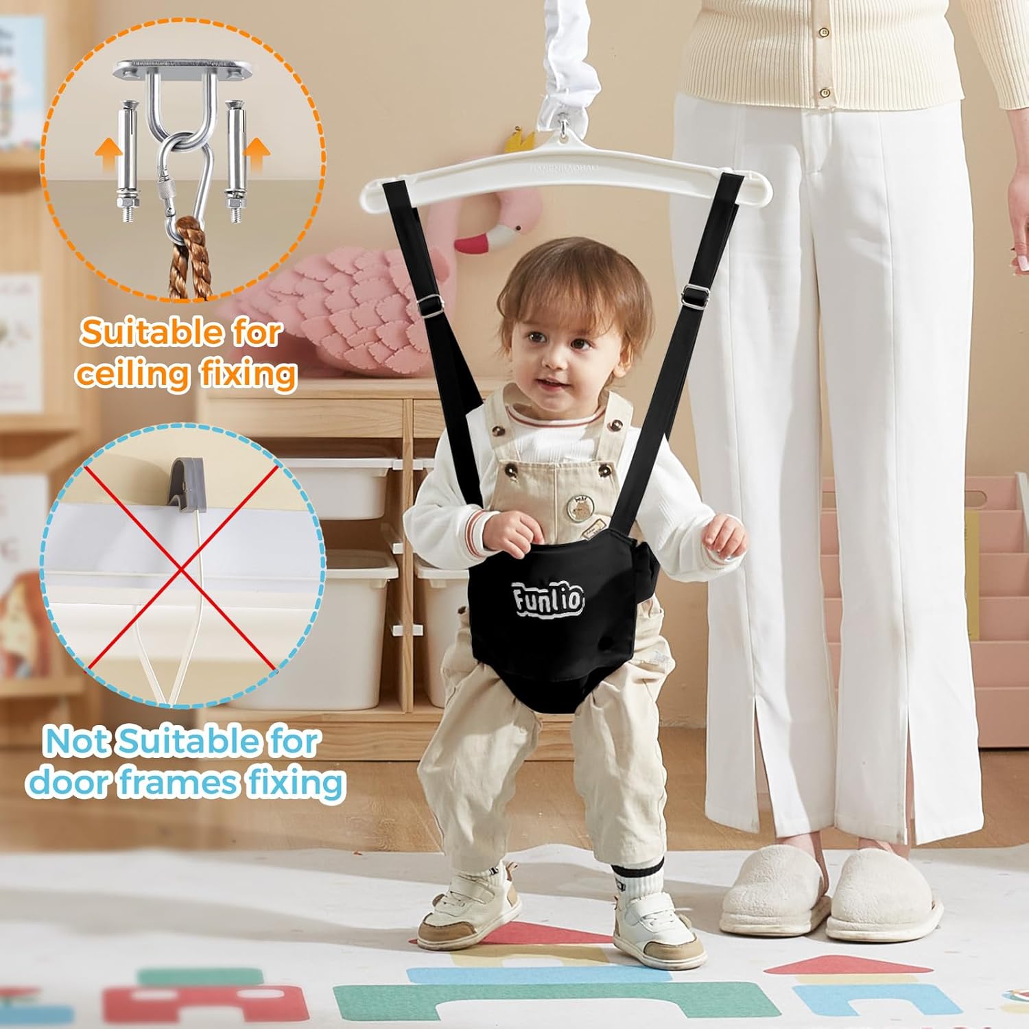 funlio baby jumper with a ceiling hook for 6-24 months, infant jumper doorway with adjustable chain, baby door jumper for indoor/outdoor play, easy to assemble & store (with a ceiling hook) - black