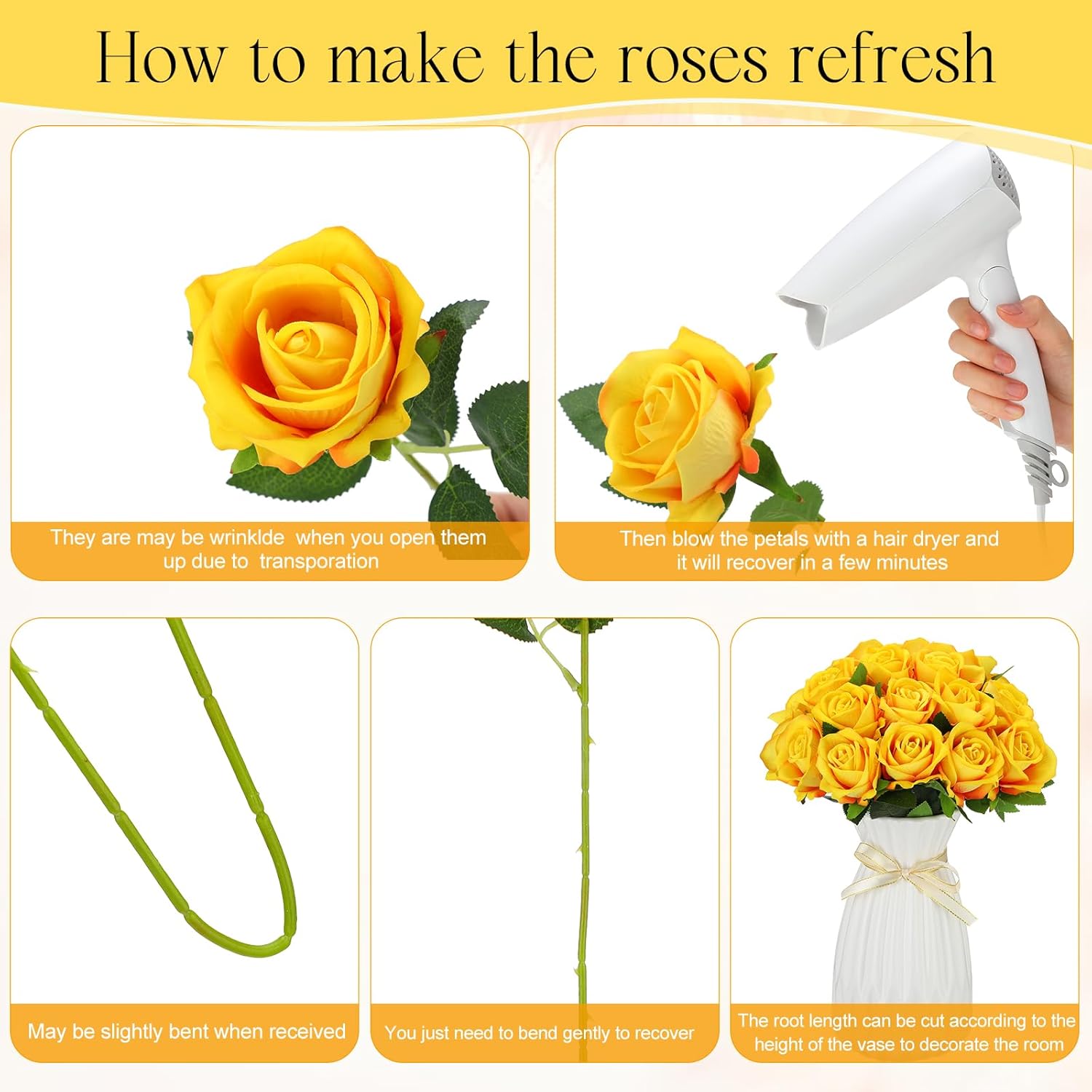 Jexine 50 Pcs Artificial Rose Flower Bulk Realistic Silk Fake Roses with Long Stem Plastic Artificial Flower Bouquet Real Looking for Home Wedding Centerpieces Party Decoration(Yellow) - Image 3