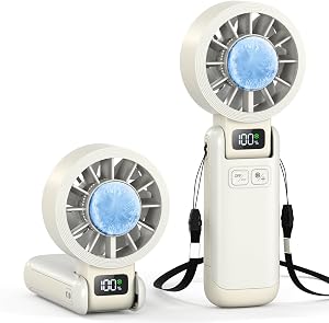 Portable Handheld Fan with Ice Cooling, 5.5m/s High Speed, Foldable Neck Fan, 5-Speed LED Display, 12H Battery, Independent Switch, Personal Fans for Travel, Concerts, Sports Events - White
