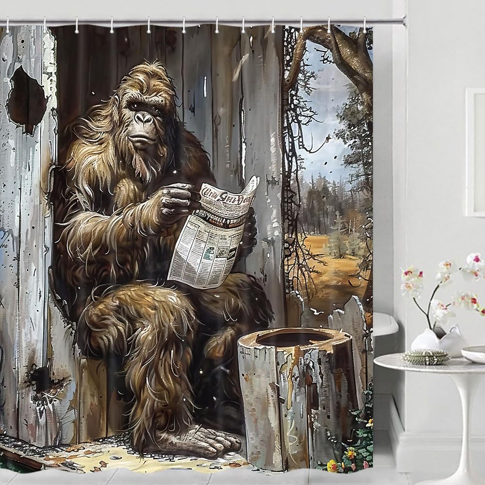 Funny Gorilla Shower Curtain Fancy Humor Chimpanzee Read Newpaper Animal Bathroom Sets Vintage Bigfoot Sasquatch with Rustic Wild Daisy Flower Retro Wooden Door Shower Curtains with Hooks