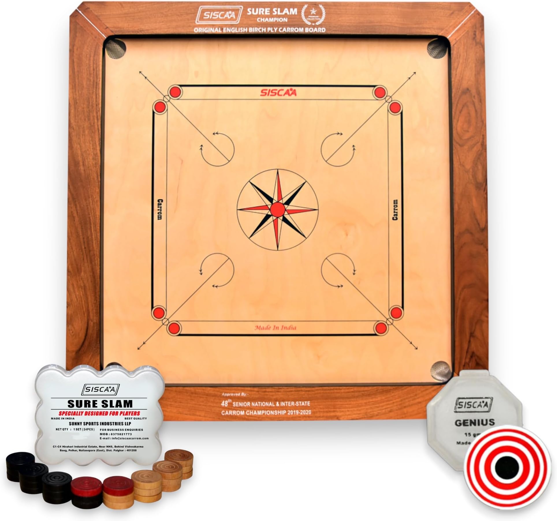 Siscaa Sureslam Carrom Board: Premium Birch Wood, 35 Inch Full Size, Includes Sure Slam Coin, Genius Striker, Cover, Powder, Tournament Ready