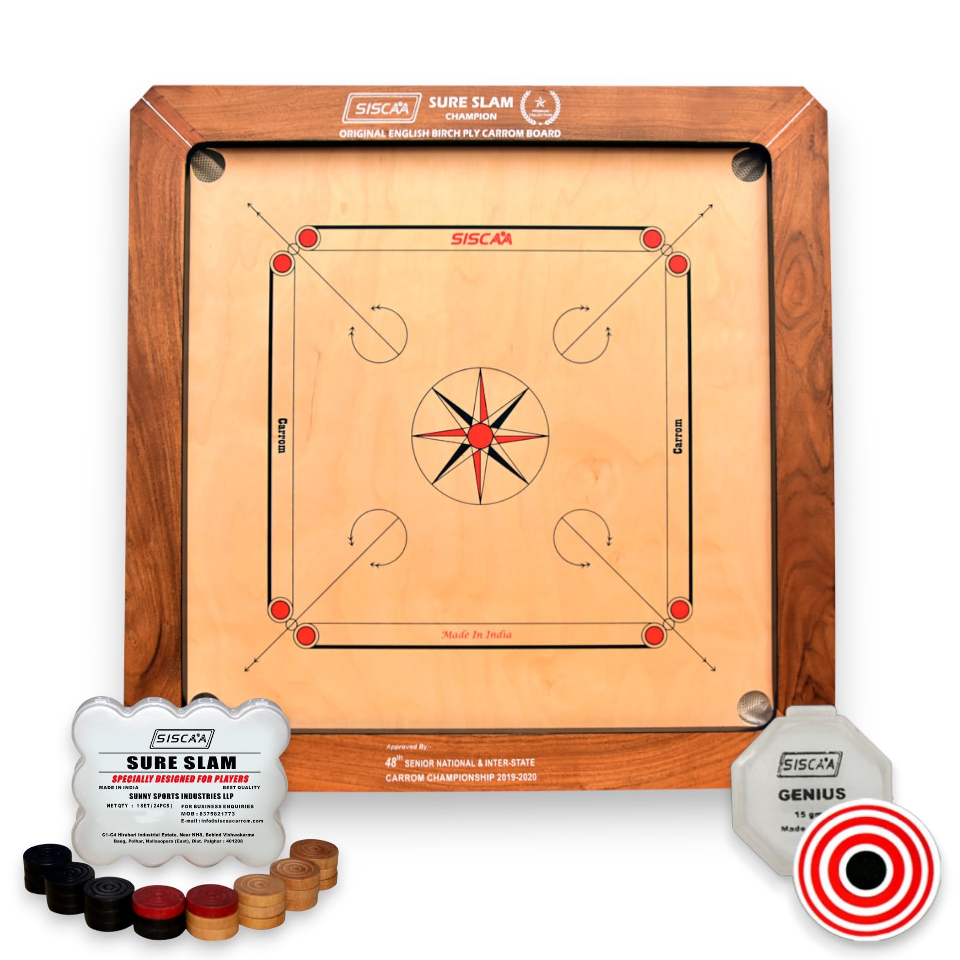 SPORTZ SAGA Siscaa Sureslam Carrom Board: Premium Birch Wood, 35 Inch Full Size, Includes Sure Slam Coin, Genius Striker, Cover, Powder, Tournament Ready