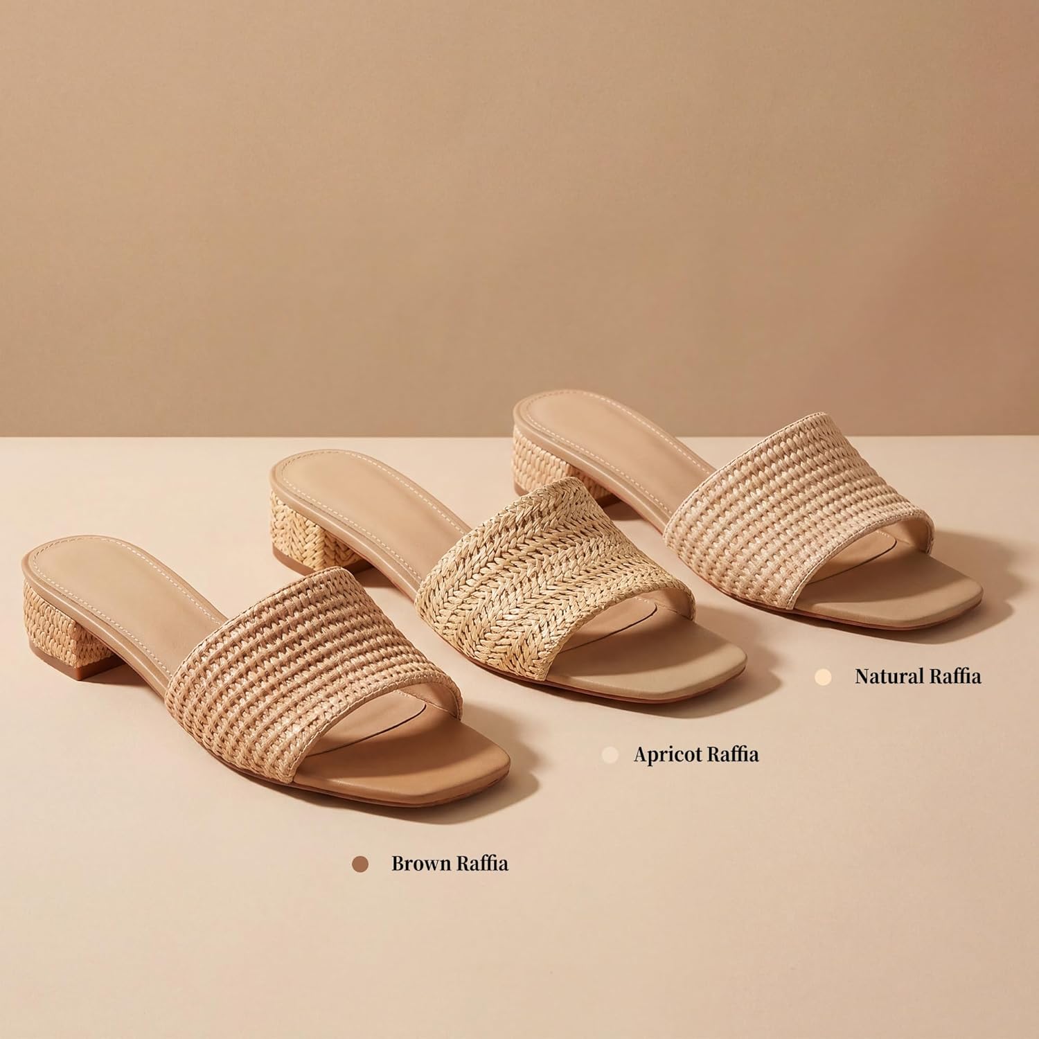 VICKI·VICKI Women’s Raffia Slide Sandals, Low Heel Square Toe Open Toe Slip On Sandals for Women, Memory Foam Insole, Summer Vacation Casual Sandals