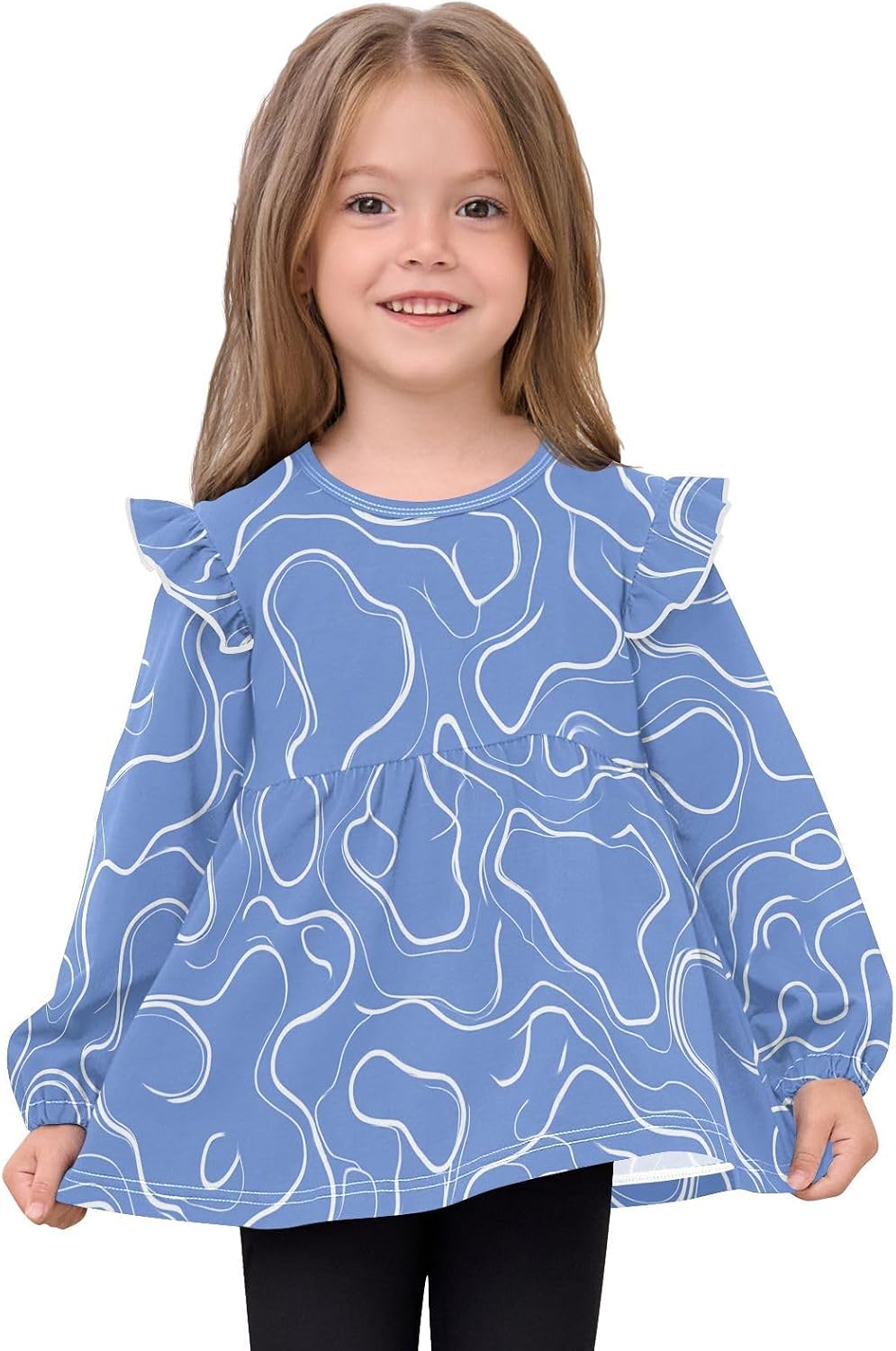 visesunny Toddler Clothes for Girls Blue Contour Lines Long Sleeve Fall Shirts Cotton Top with Ruffle Collar