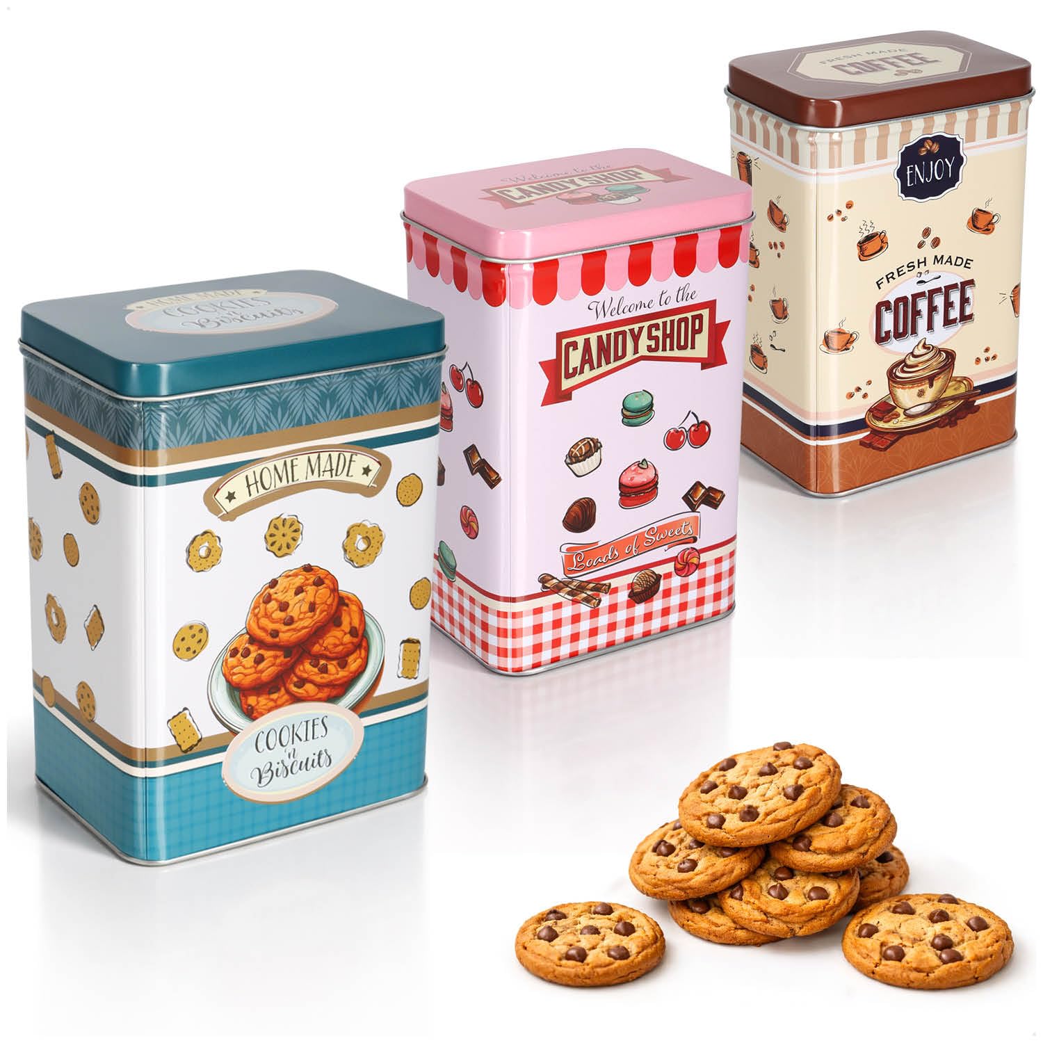com-four® 3-piece storage container set, metal cookie tins with lids in 3