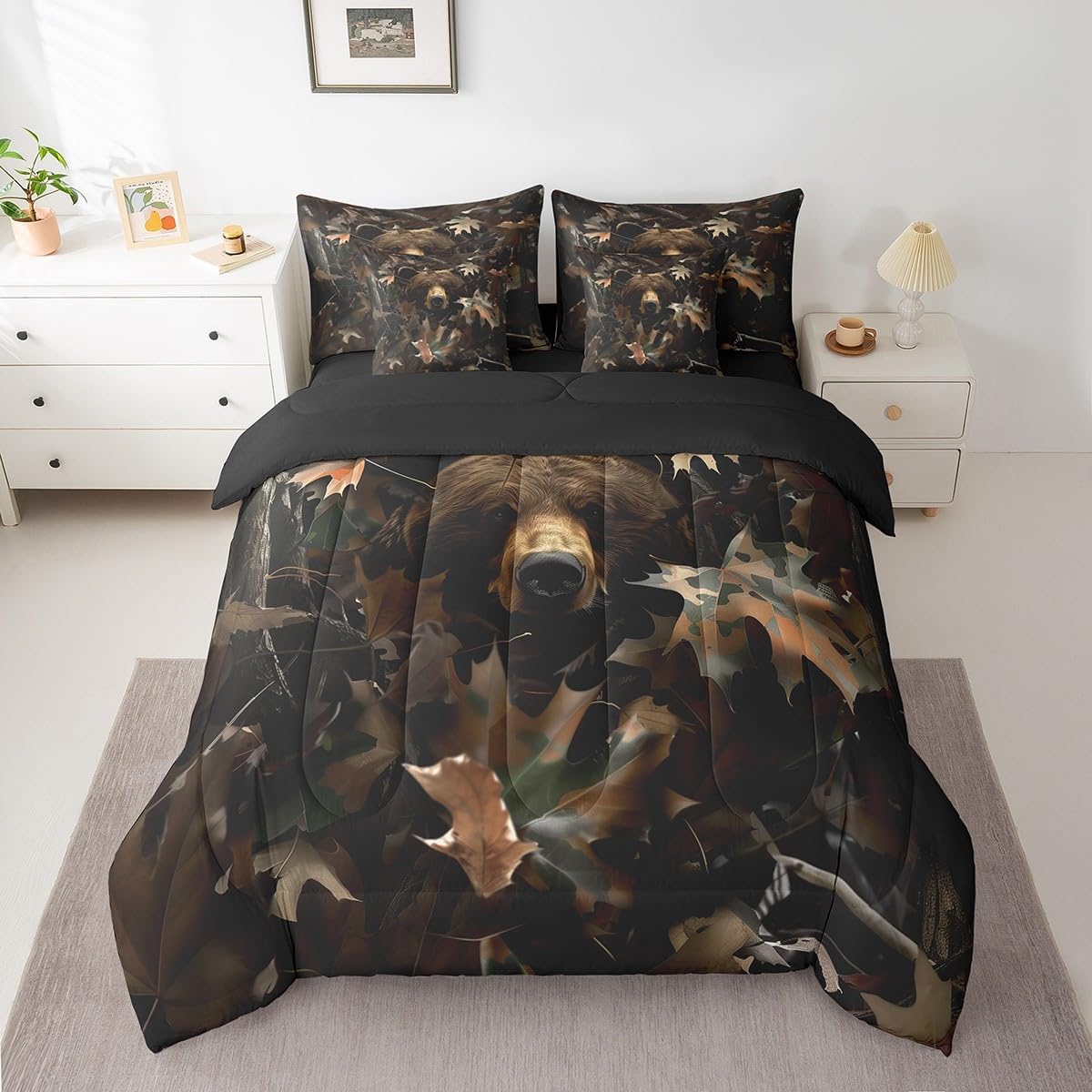 Feelyou Brown Moose Bedding Set Queen Size Deer Hunting Comforter Set 7 Pieces Decor Antlers Wild Animal Rustic Lodge Cabin Farmhouse Bed in a Bag Snow Bed Set with Comforter, Sheet Set, Pillowcases