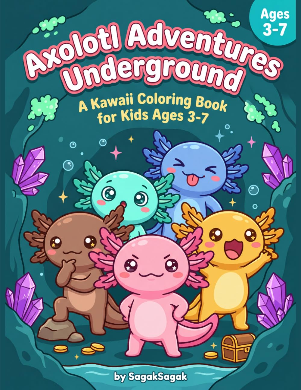 Axolotl Adventures Underground: A Kawaii Coloring Book for Kids Ages 3-7