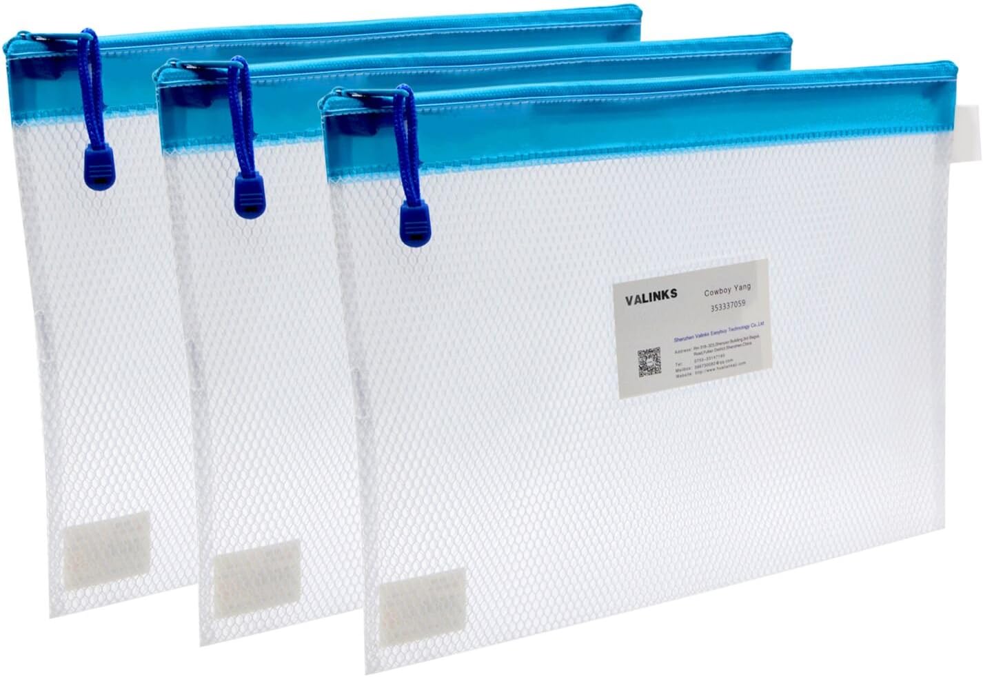 OffKits Zippered File Bags,PVC Mesh Document Folder Travel Pouch Organizer for Paper Check Newspaper Receipt And More,Water-resistant,A4 Size with Label Pocket,200 Sheet Capacity,Blue(B701) (3 PCS)