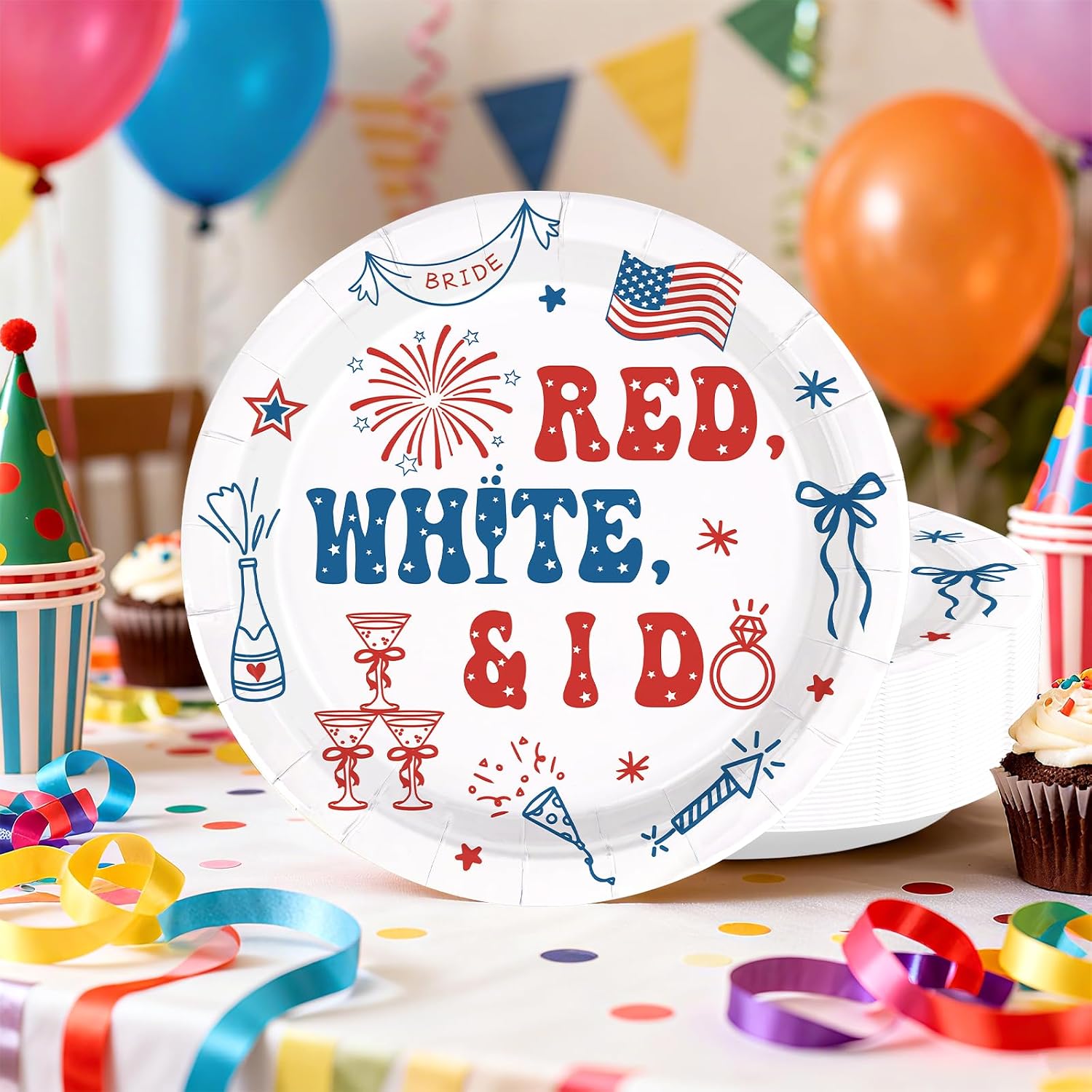 50Pcs 4th of July Paper Plates Red White and I Do 9" Dessert Plates Disposable Independence Day Themed Bachelorette Party Decorations for Bridal Shower Engagement Wedding Party Supplies