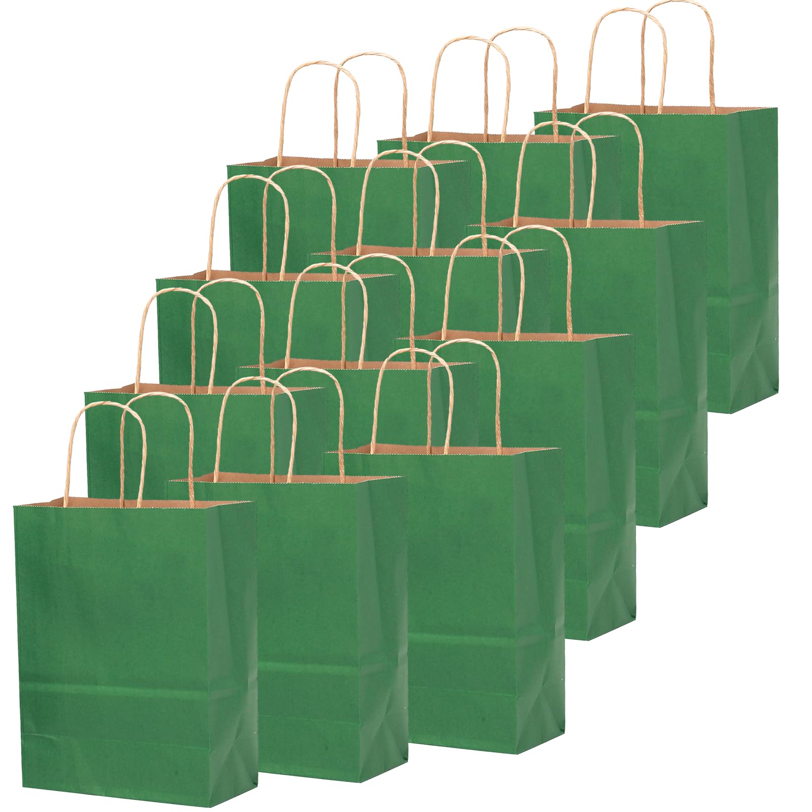 qiqee 50-Packs Gift Bag with Handles Bulk Kraft Deep Green Paper Bags Multiple Uses (8.3"x3"x6"inch Small Size)