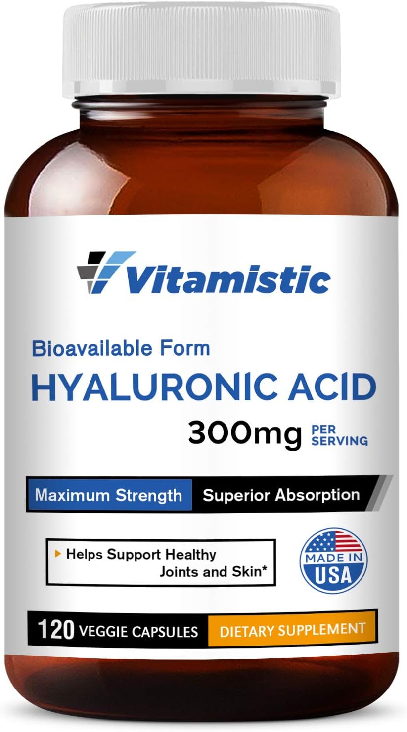 Vitamistic Hyaluronic Acid 300mg 120 Veggie Capsules, Pure and Natural, Bioavailable Form for Enhanced Absorption, Non-GMO, No Gluten & Soy, Supports Joint Lubrication and Skin Hydration
