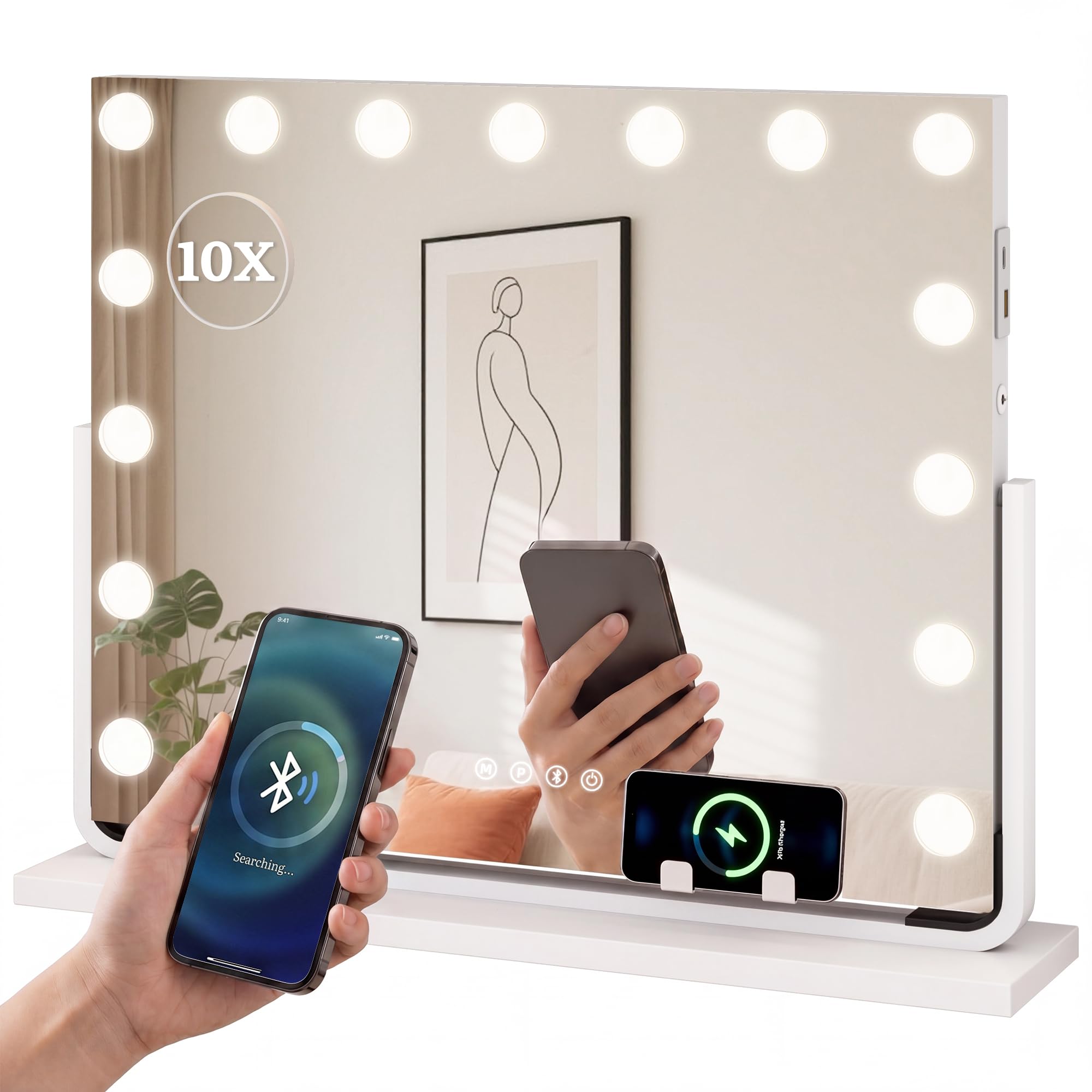 YITAHOME 15 LED Hollywood Vanity Makeup Mirror, 58x46 cm, Cosmetic Mirror with Bluetooth Speaker, USB & Type-C Port, 3 Dimmable Color Temperatures, 10X Magnifying Mirror & Phone Holder, White