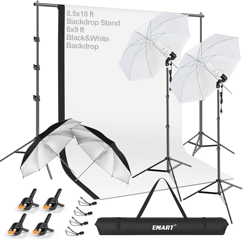 8.5x10FT Photo Backdrop Stand Kit with Photography Umbrella Lights | Photography Lighting Kit with Black/White Muslin Backdrops, 45W 5500K CFL Bulb, Studio Lights for Video Recording, Portrait
