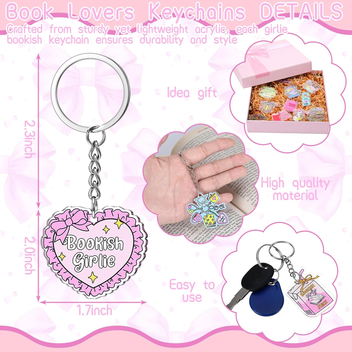 Cunno Pink Book Club Keychain Book Lovers Gift Bookish Party Favors Reading Acrylic Keyring for Readers Librarian Bookworm - Image 2