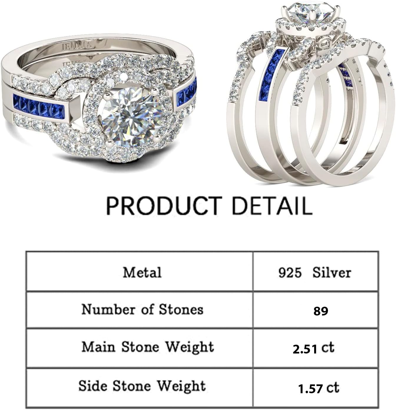 Jeulia 3PC Wedding Ring Set for Women: Sterling Silver Round Cut Halo Engagement Band Diamond White Bridal Set Valentine's Anniversary with Jewelry Gift Box