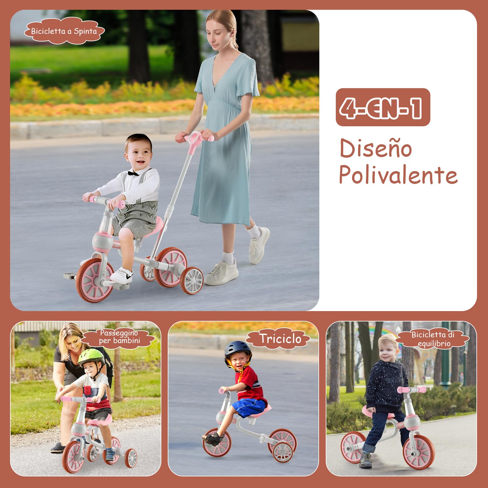 RELAX4LIFE 4 in 1 Triciclo per Bambini con Maniglione, Altezza Sedile a 2 Livelli, Maniglia di Spinta Regolabile e Pedali Rimovibili, Bicicletta Equilibrio per Bambini 2-4 anni (Rosa)