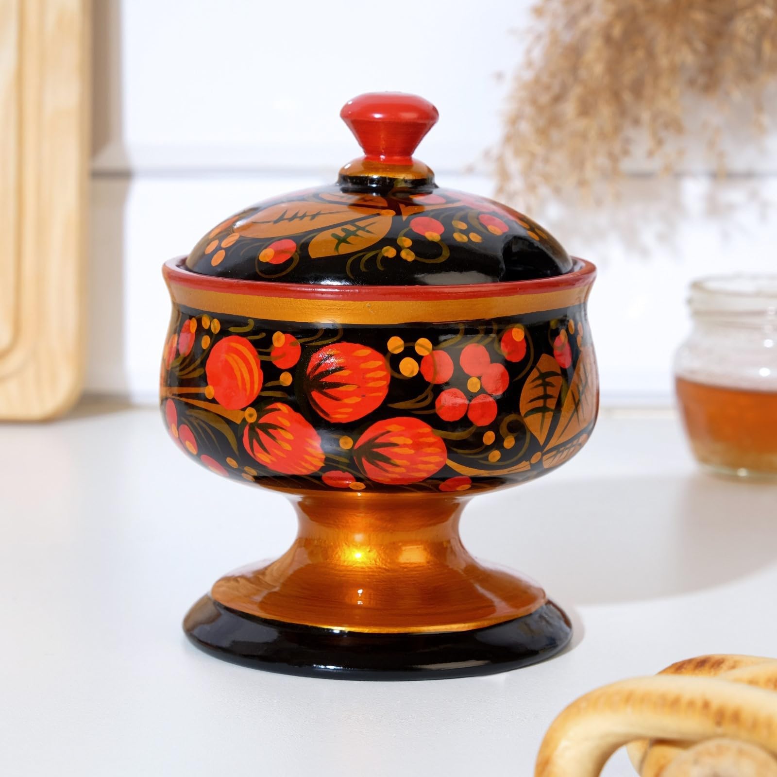 Traditional Russian Khokhloma Hand-Painted Wooden Sugar Bowl on Pedestal, Berry Motif, Vibrant Folk Art Tableware