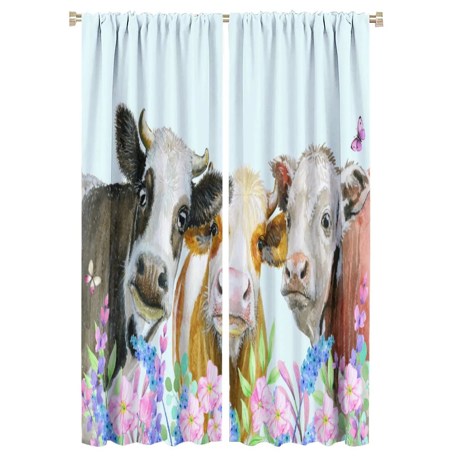 JESTRONRY Farmhouse Cow Curtains,Funny Farm Animal Cow and Flowers Print Rod Pocket Window Treatments Curtains for Living Room Bedroom Kitchen W42xL63in