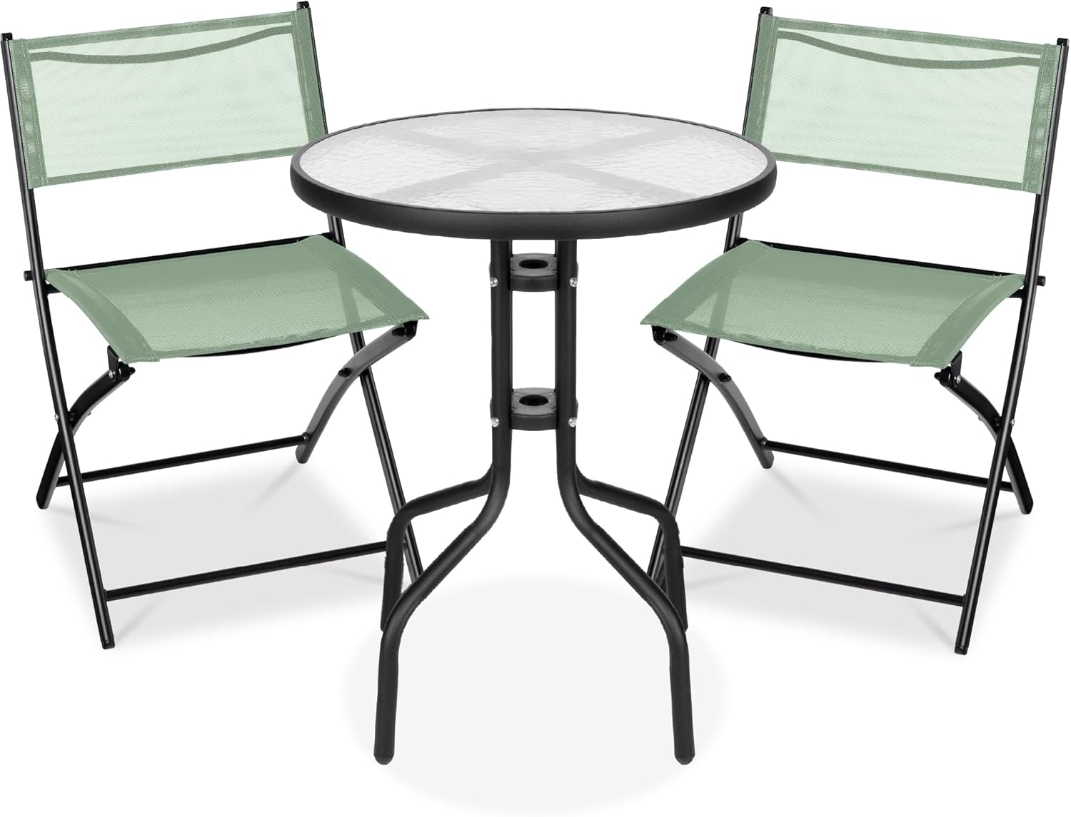 Best Choice Products 3-Piece Patio Bistro Dining Furniture Set w/Textured Glass Tabletop, 2 Steel Folding Chairs, Polyester Fabric - Sage