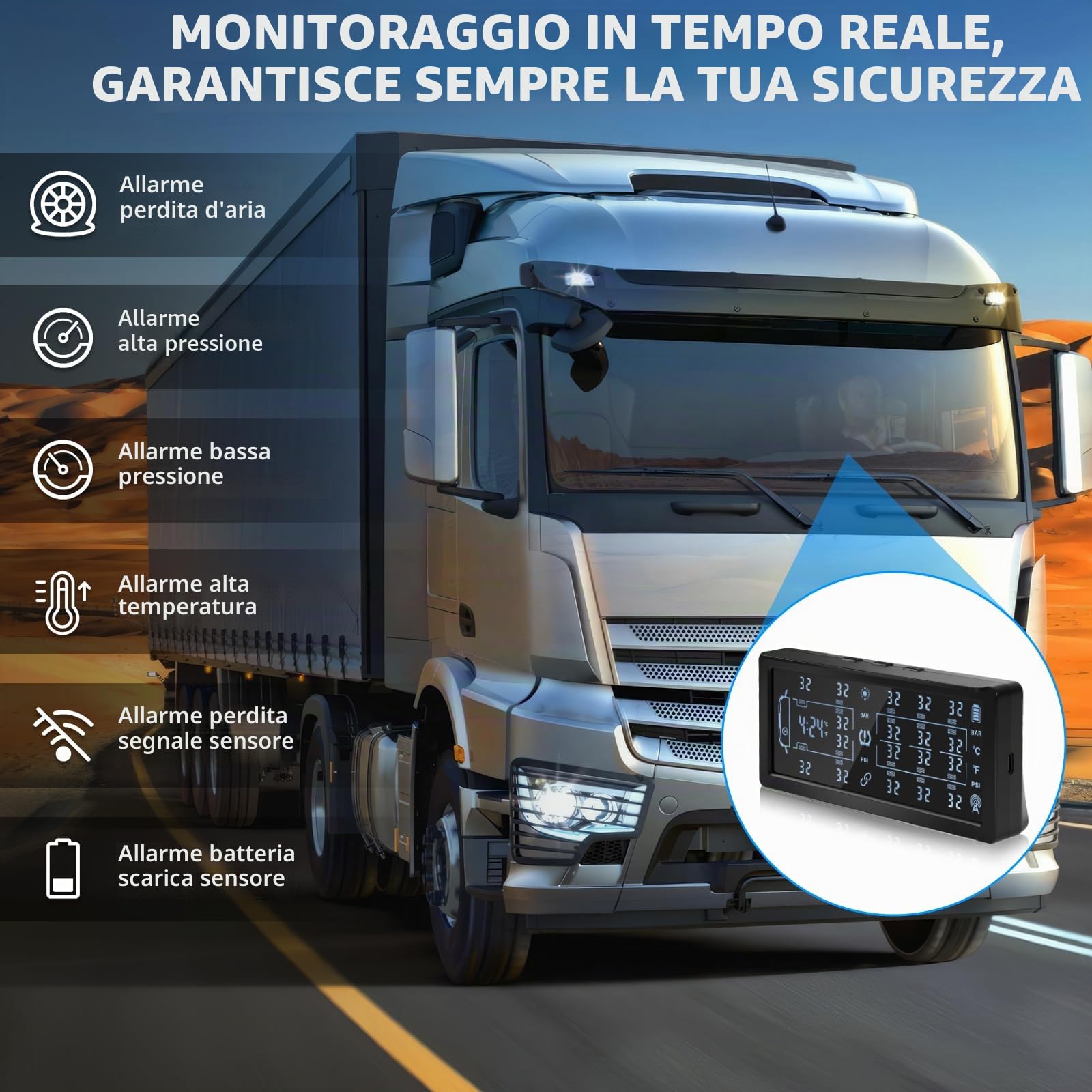 TPMS Sistema Monitoraggio Rilevatore di Controllo per 6/8 Ruote Van/Lkw/Truck Solare Della Pressione Degli Pneumatici con 8 Sensori,Ripetitore,13Bar/188Psi, 6 Tipi di Allarmi