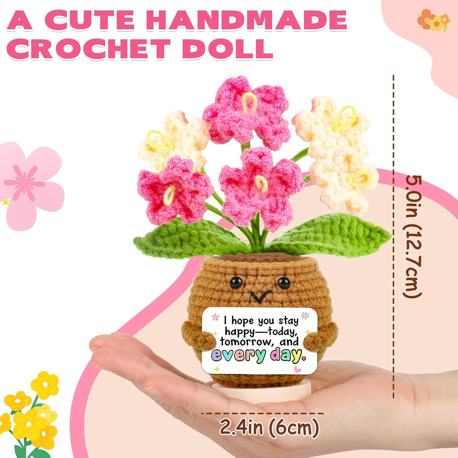 Positive Crochet Flower - Forget-Me-Not Crochet Pot with Inspirational Quote Card, Gift for Friends, Coworkers, Women, Men, Desk & Car Decor (I Hope You Stay Happy)