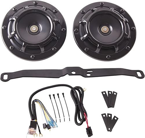 FARBIN Kit de bocina de coche impermeable de tono altobajo de metal con parrilla protectora (bocina negra con arnés y soporte)