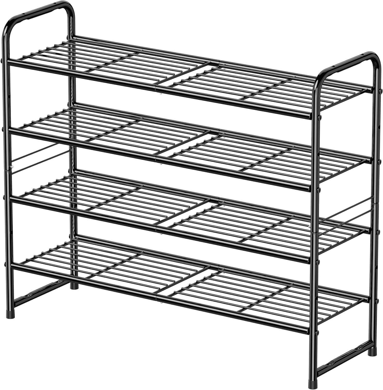 Shoe Rack, 4 Tier 32.5" Wide Stackable Metal Shoe Shelf with Height-Adjustable for Entryway, Closet, Black
