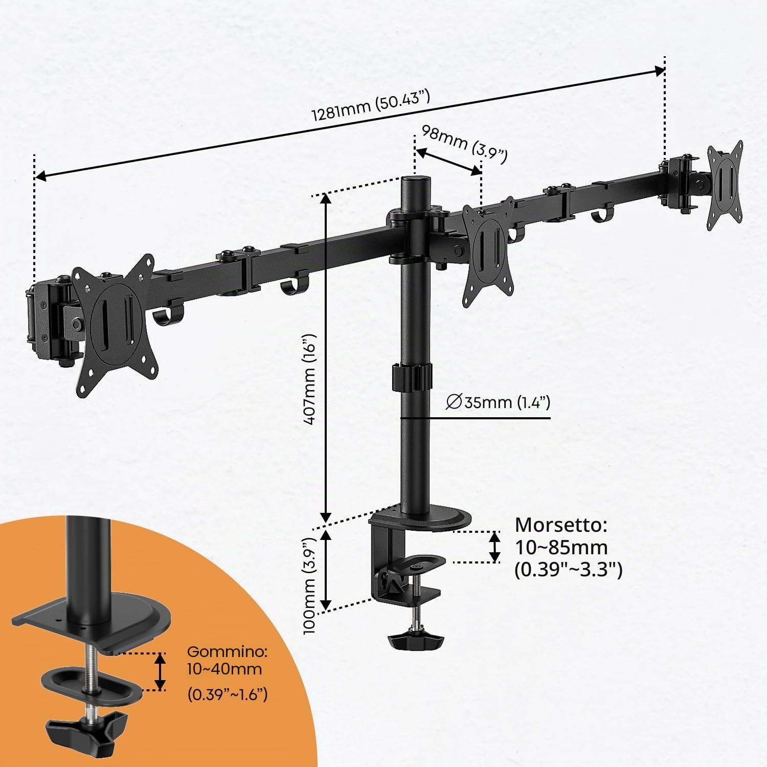 supporto per monitor 3 monitor per schermo piatto e curvo da 17-27 pollici, vesa 75 x 75 100 x 100 supporto da scrivania per 3 monitor, 7 kg/braccio, 2 metodi di installazione.